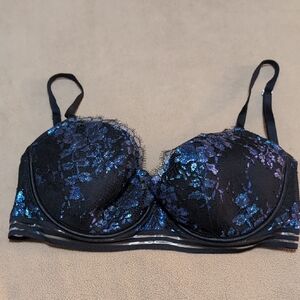 Victoria's Secret Black and Blue Floral Embroidered Bra